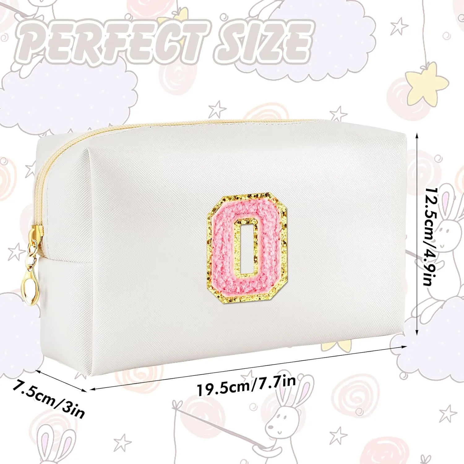 Initial Makeup Bag Personalized Preppy Travel Small Cosmetic Bag Cute PU White Chenille Letter Makeup Pouch for Purse Waterproof Zippered Toiletry Organizer for Women Girls Kids Friends (O)