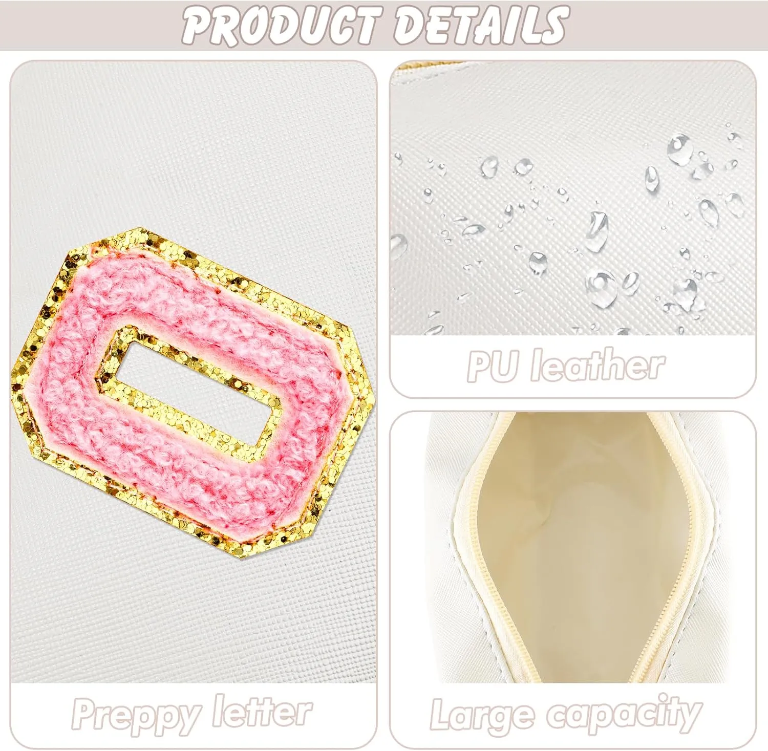 Initial Makeup Bag Personalized Preppy Travel Small Cosmetic Bag Cute PU White Chenille Letter Makeup Pouch for Purse Waterproof Zippered Toiletry Organizer for Women Girls Kids Friends (O)