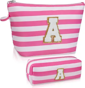 Initial Makeup Bag Set, Personalized Stripe Cosmetic Bag, Waterproof Travel Toiletry Bag, Cute Makeup Pouch for Women Preppy Teen Girls Gift Trendy Stuff Gift (Pink A)