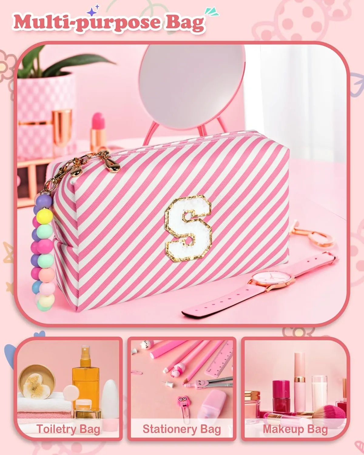 Initial Makeup Bags for Teen Girls Kids, Personalized Portable Cosmetic Bag for Travel, Cute Makeup Pouch, PU Leather Waterproof Toiletry Bag, Preppy Things for Girl (Letter Q)