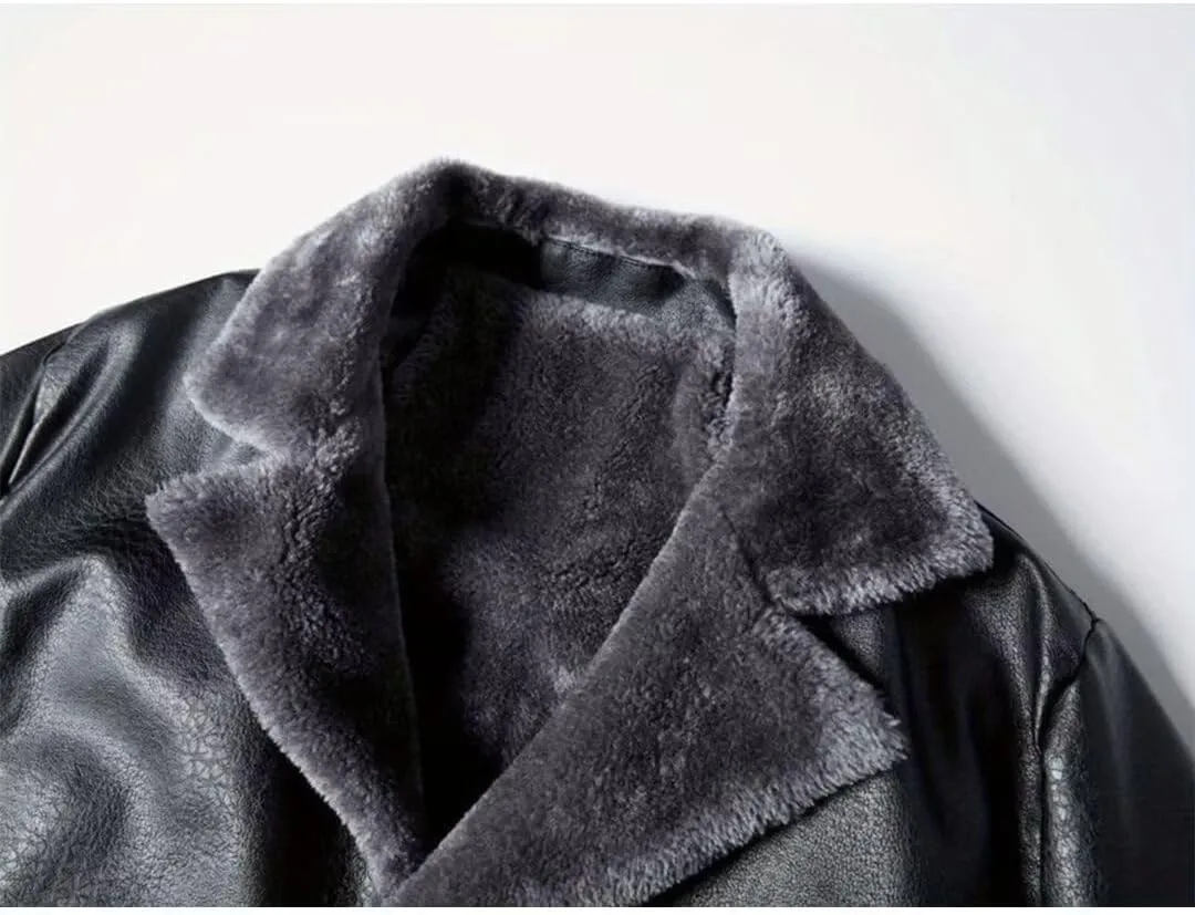 INVACHI Men's Faux Leather Fur Collar Mid-Length Jacket Padded Lining Winter Warm Lapel Trench Coat