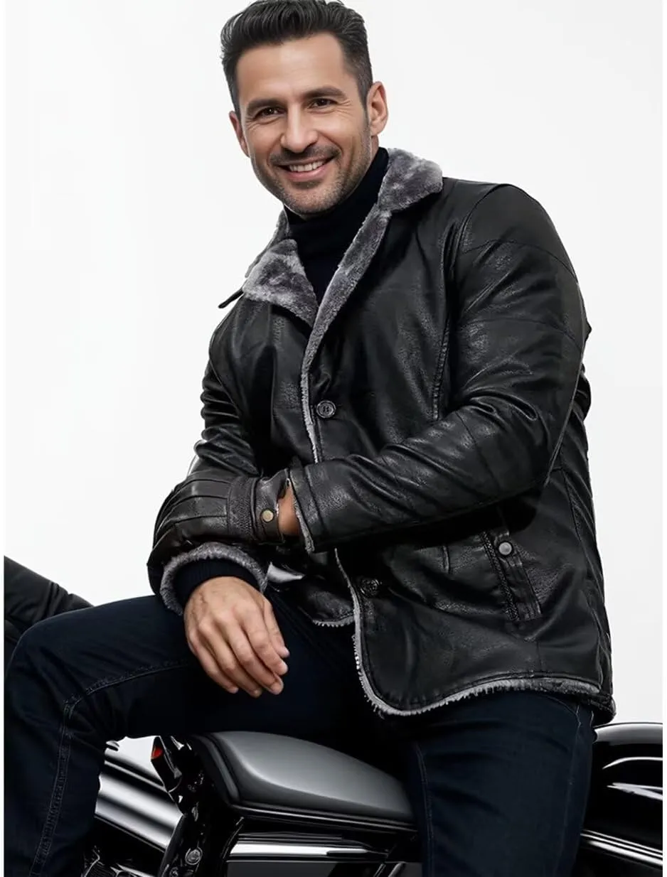 INVACHI Men's Faux Leather Fur Collar Mid-Length Jacket Padded Lining Winter Warm Lapel Trench Coat