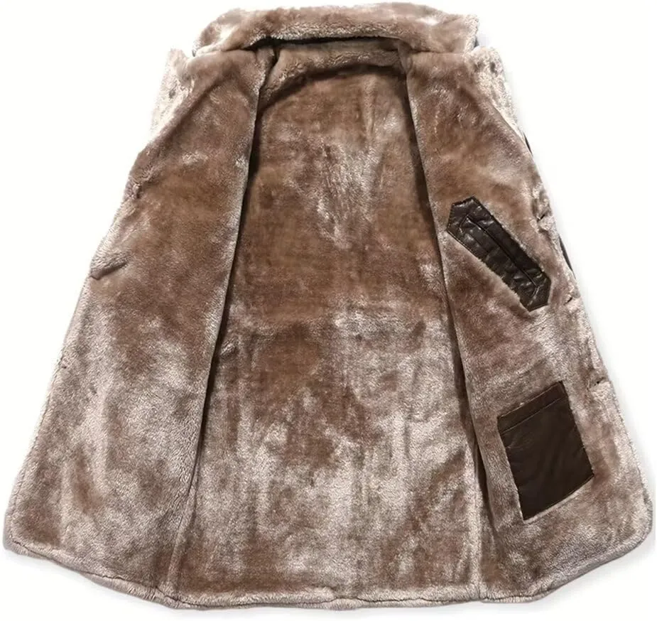 INVACHI Men's Faux Leather Fur Collar Mid-Length Jacket Padded Lining Winter Warm Lapel Trench Coat
