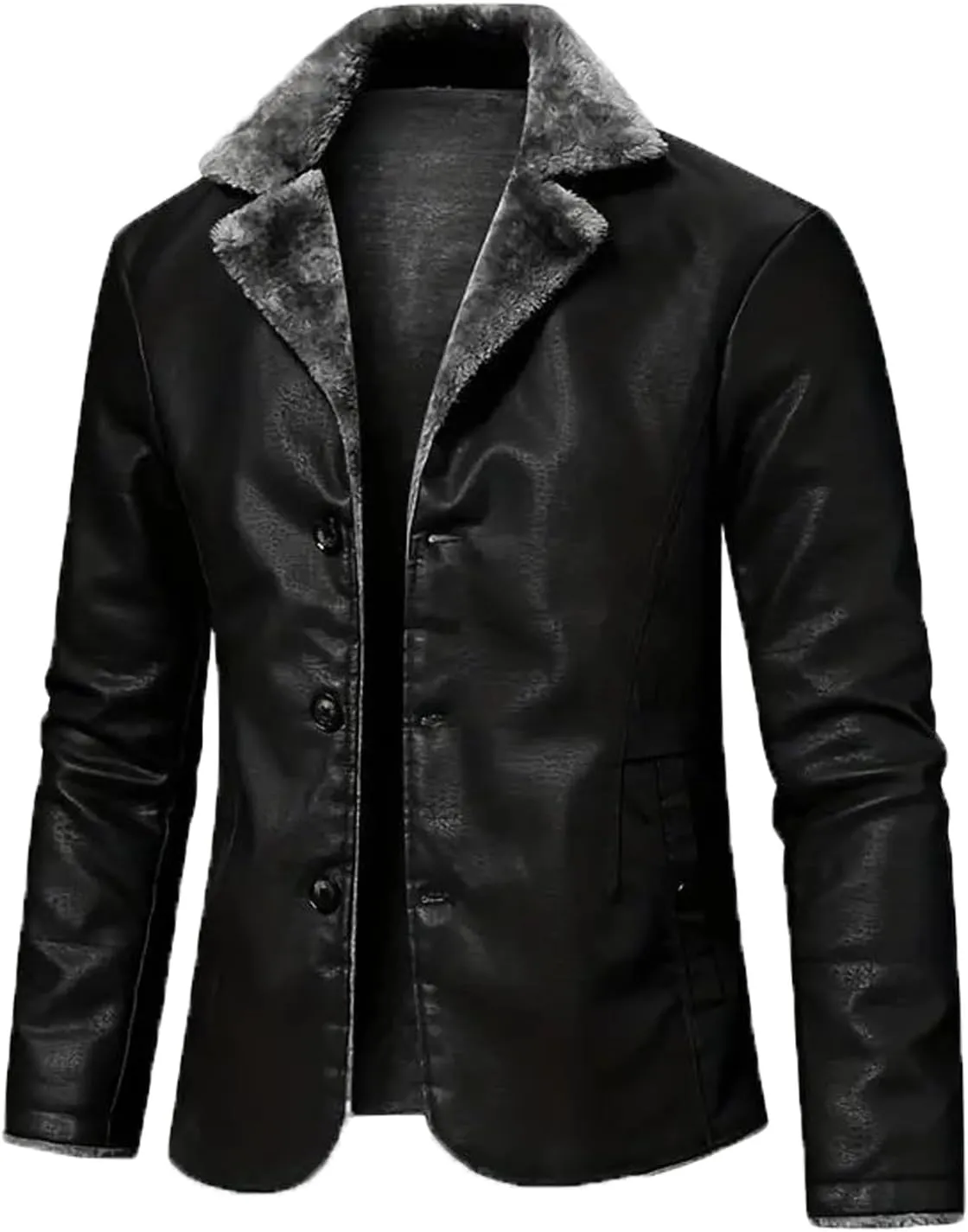INVACHI Men's Faux Leather Fur Collar Mid-Length Jacket Padded Lining Winter Warm Lapel Trench Coat