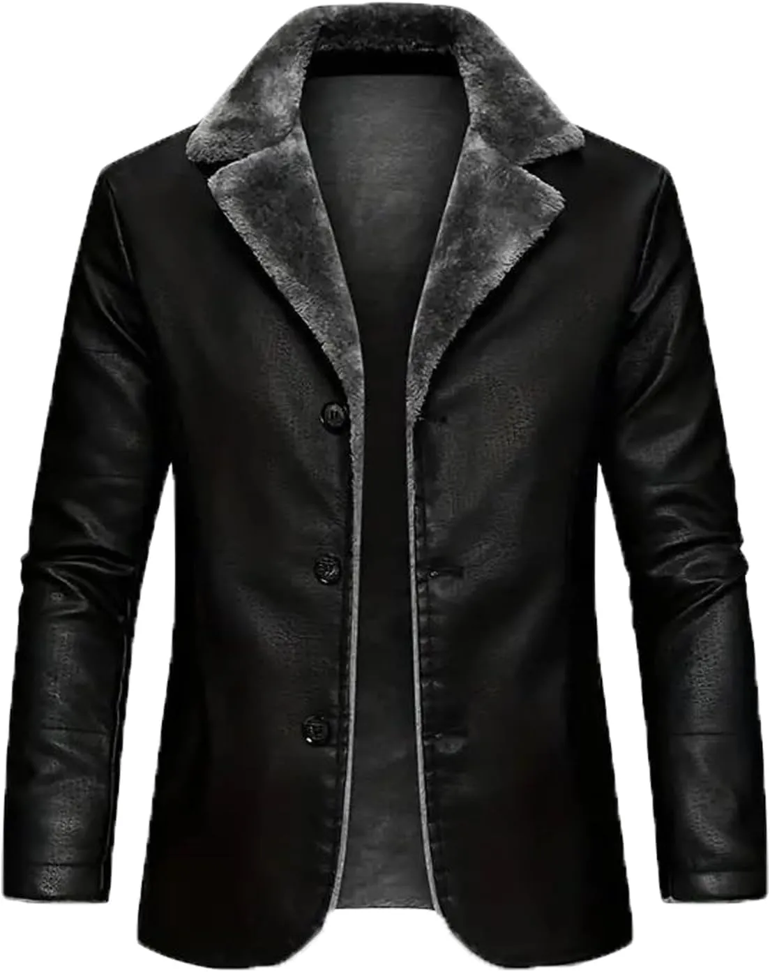 INVACHI Men's Faux Leather Fur Collar Mid-Length Jacket Padded Lining Winter Warm Lapel Trench Coat