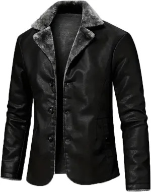 INVACHI Men's Faux Leather Fur Collar Mid-Length Jacket Padded Lining Winter Warm Lapel Trench Coat