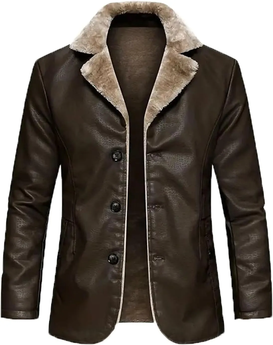 INVACHI Men's Faux Leather Fur Collar Mid-Length Jacket Padded Lining Winter Warm Lapel Trench Coat
