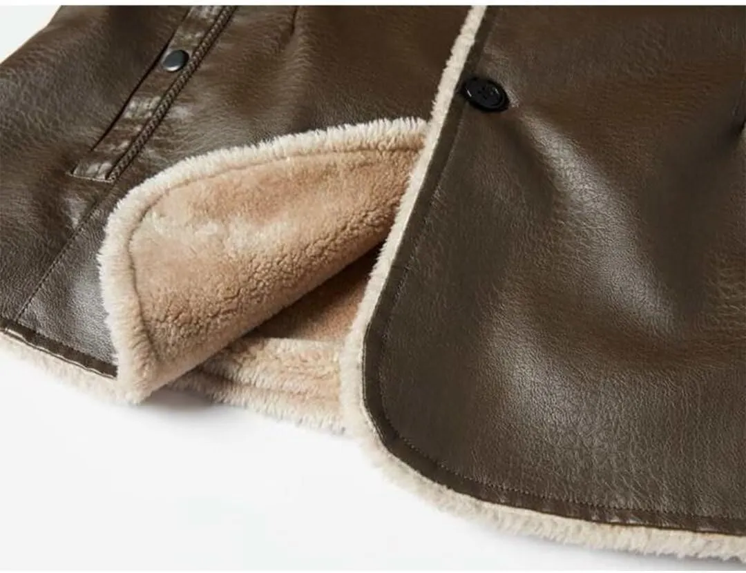 INVACHI Men's Faux Leather Fur Collar Mid-Length Jacket Padded Lining Winter Warm Lapel Trench Coat