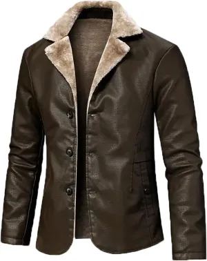 INVACHI Men's Faux Leather Fur Collar Mid-Length Jacket Padded Lining Winter Warm Lapel Trench Coat