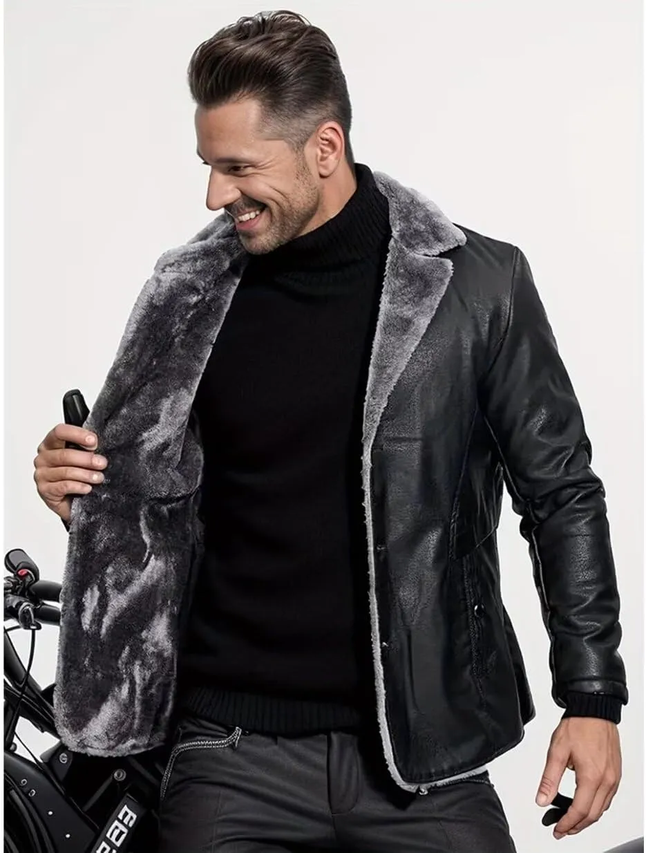 INVACHI Men's Faux Leather Fur Collar Mid-Length Jacket Padded Lining Winter Warm Lapel Trench Coat