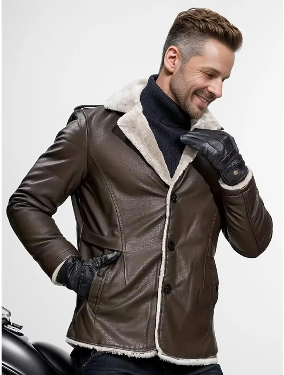 INVACHI Men's Faux Leather Fur Collar Mid-Length Jacket Padded Lining Winter Warm Lapel Trench Coat