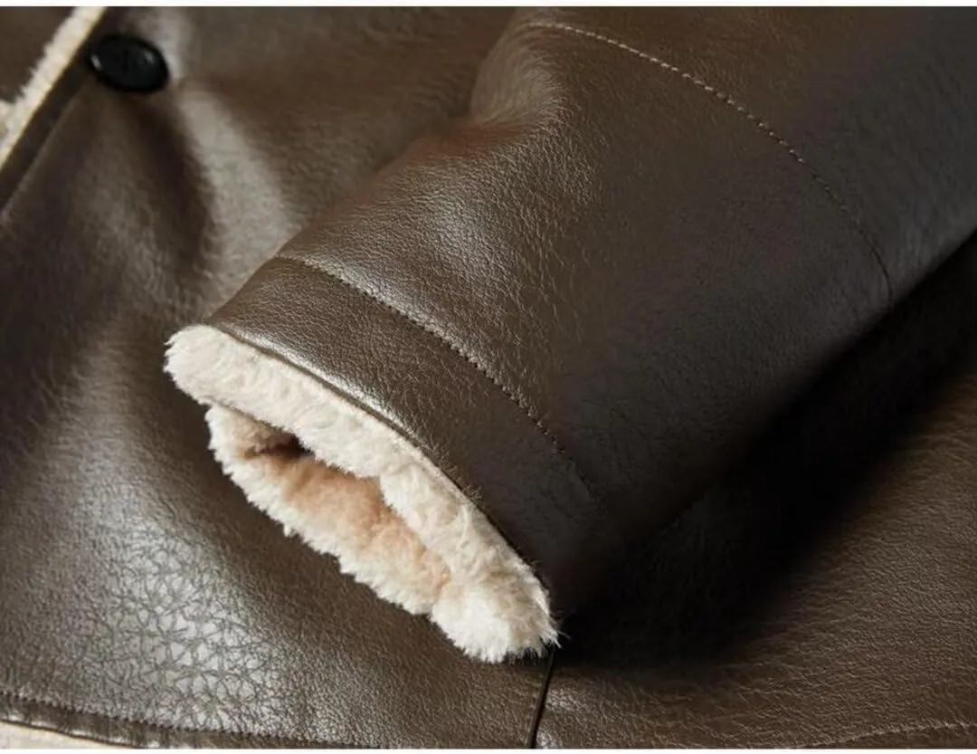 INVACHI Men's Faux Leather Fur Collar Mid-Length Jacket Padded Lining Winter Warm Lapel Trench Coat