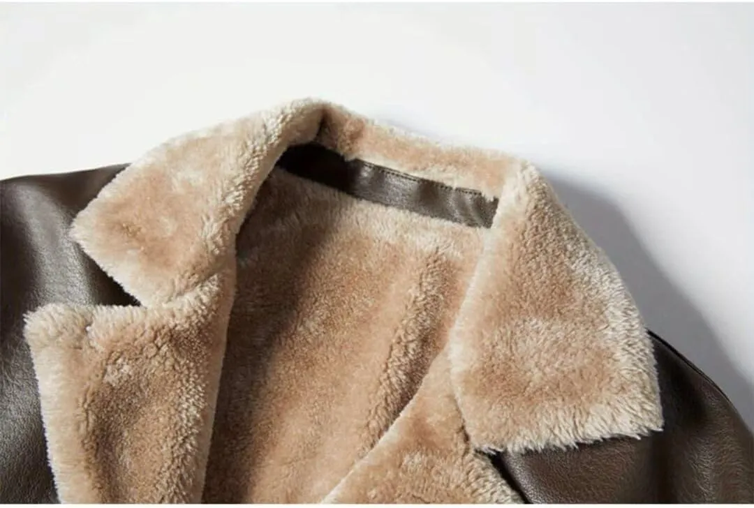 INVACHI Men's Faux Leather Fur Collar Mid-Length Jacket Padded Lining Winter Warm Lapel Trench Coat