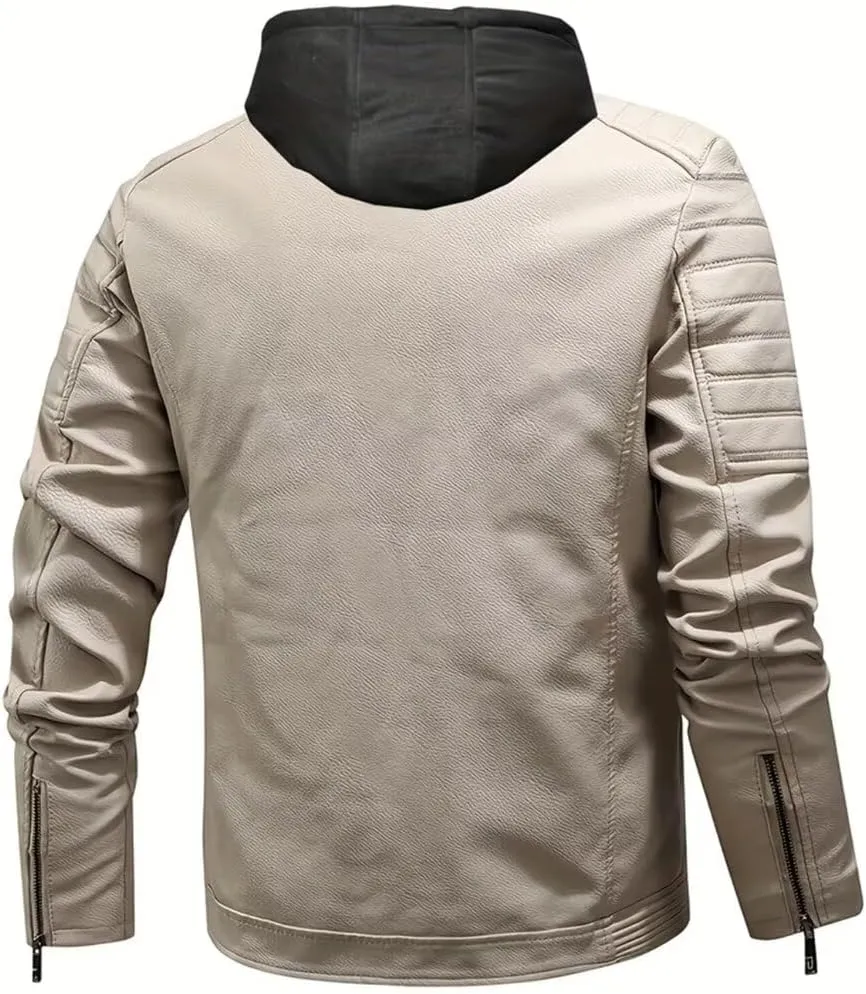 INVACHI Men's Faux Leather Jacket with Hood Vintage Bomber Waterproof PU Warm Jacket