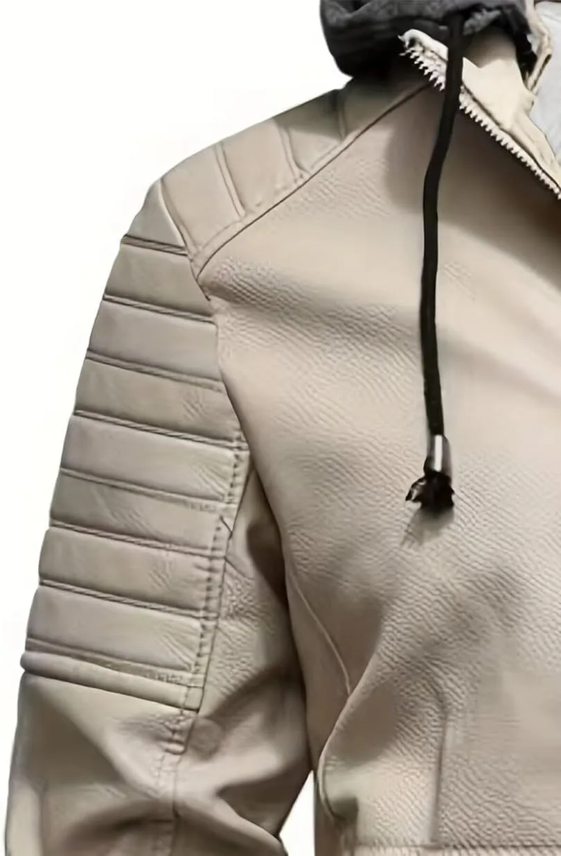INVACHI Men's Faux Leather Jacket with Hood Vintage Bomber Waterproof PU Warm Jacket