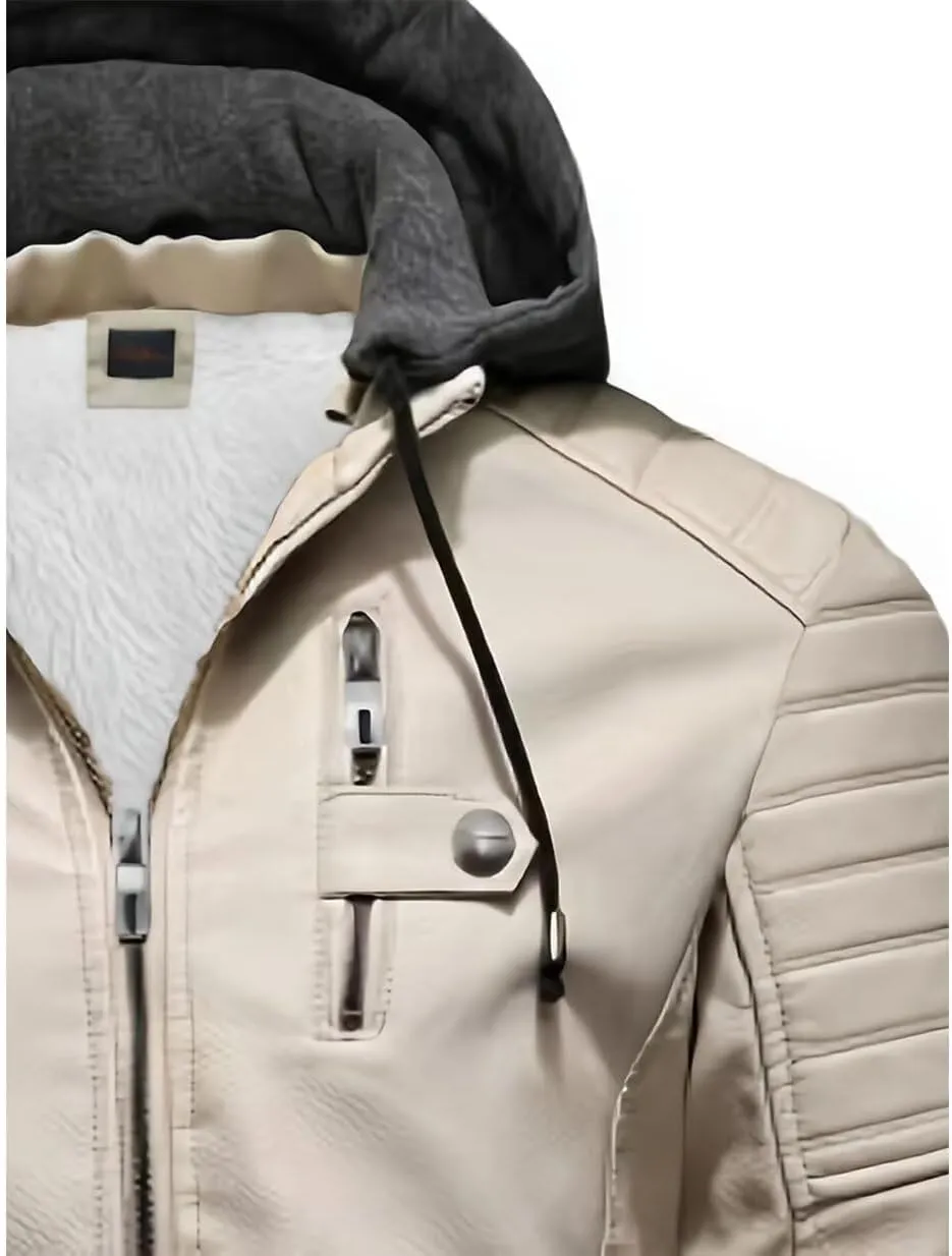 INVACHI Men's Faux Leather Jacket with Hood Vintage Bomber Waterproof PU Warm Jacket