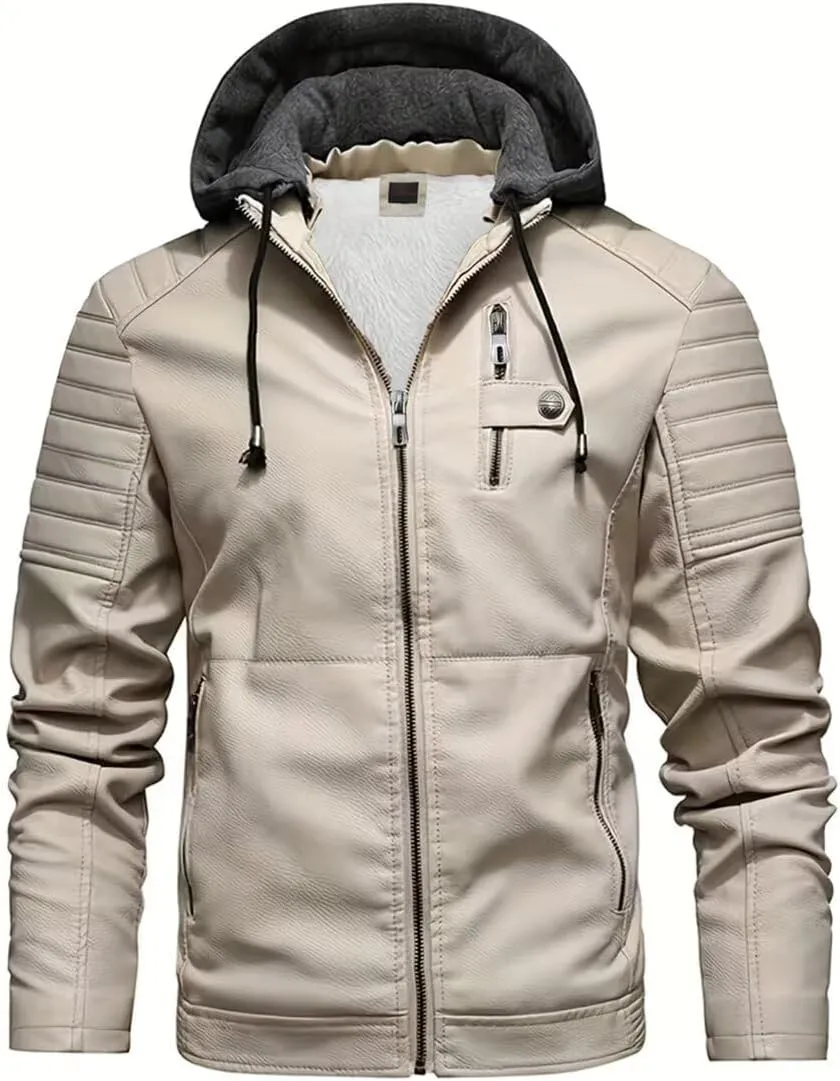 INVACHI Men's Faux Leather Jacket with Hood Vintage Bomber Waterproof PU Warm Jacket