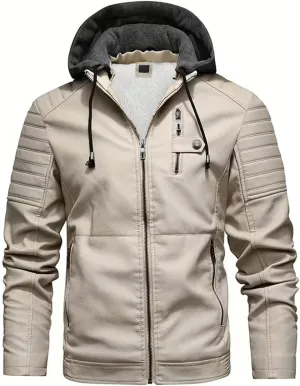 INVACHI Men's Faux Leather Jacket with Hood Vintage Bomber Waterproof PU Warm Jacket
