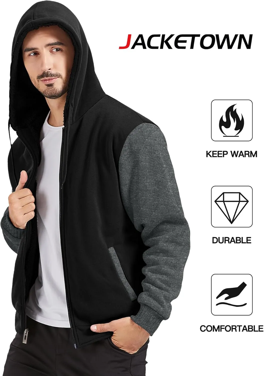 JACKETOWN Men's Heavyweight Fleece Hoodies full Zipper Thick Sherpa Lined Sweatshirt Wool Warm Coat