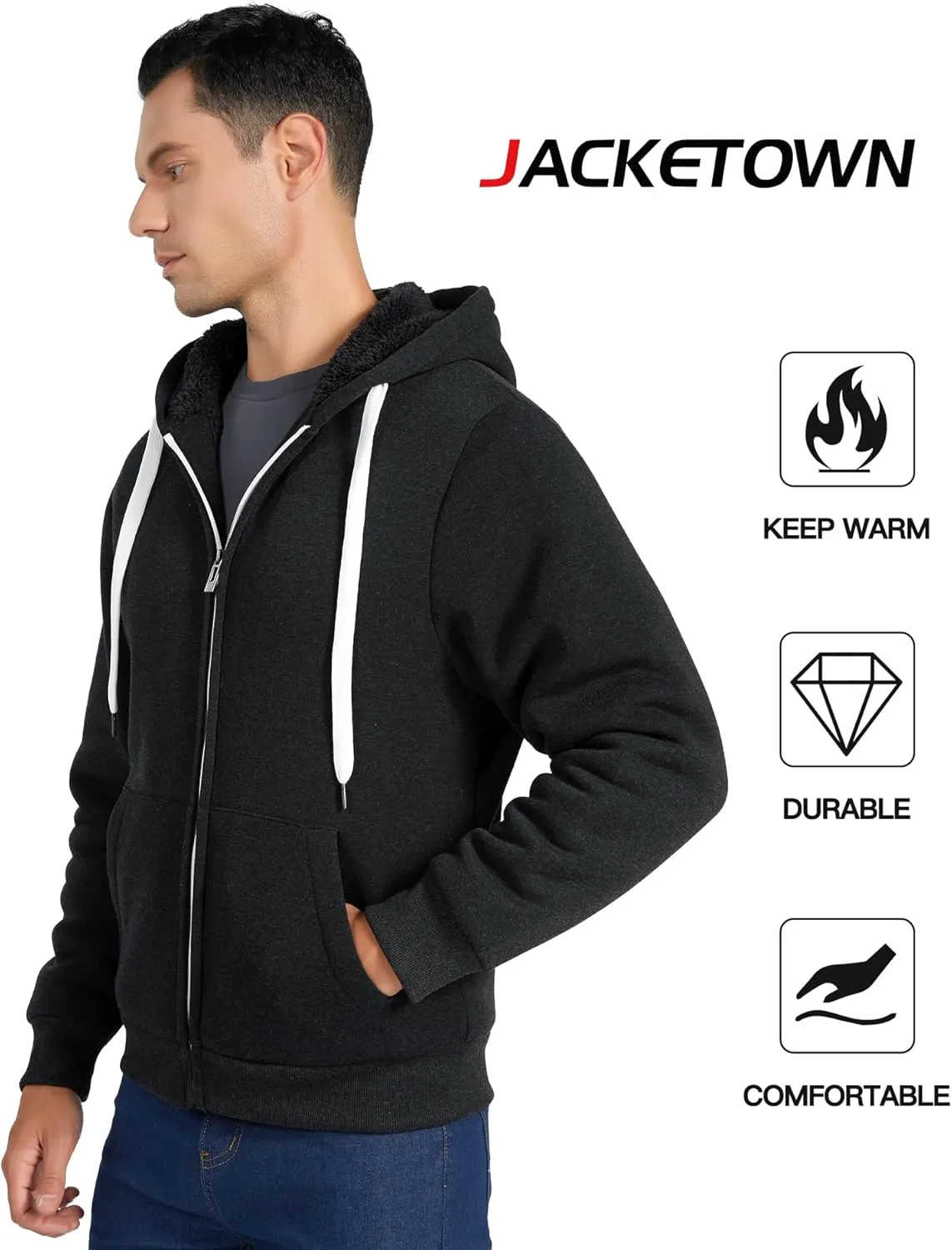 JACKETOWN Men's Heavyweight Fleece Hoodies full Zipper Thick Sherpa Lined Sweatshirt Wool Warm Coat