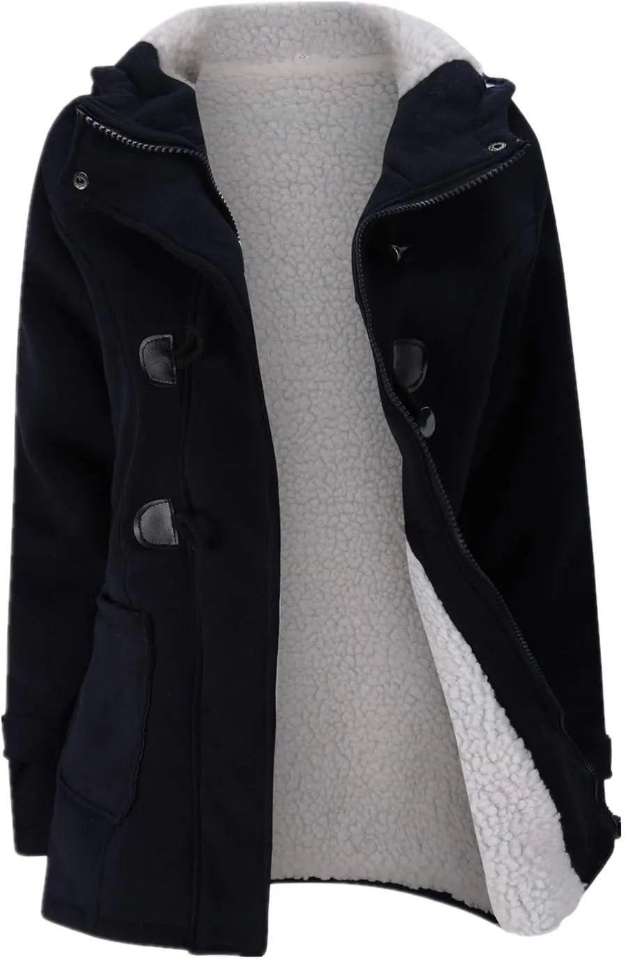 JiangWu Womens Fashion Horn Button Fleece Thicken Coat with Hood Winter Warm Jacket