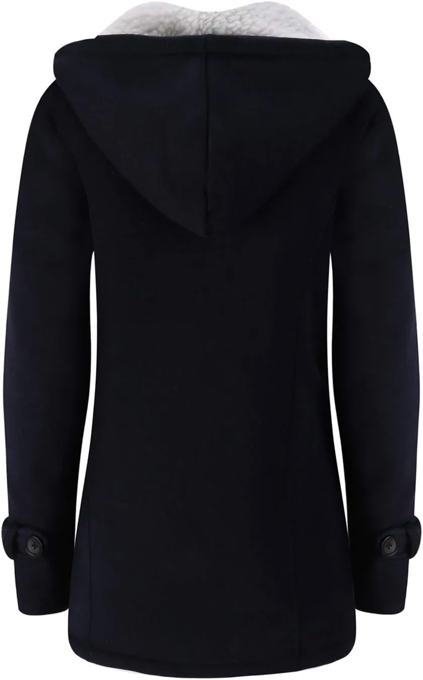 JiangWu Womens Fashion Horn Button Fleece Thicken Coat with Hood Winter Warm Jacket