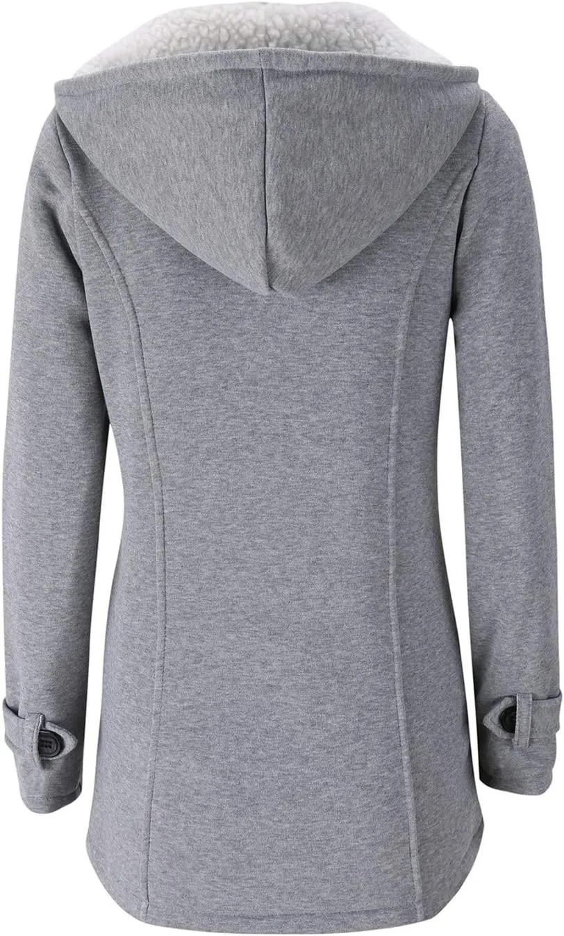 JiangWu Womens Fashion Horn Button Fleece Thicken Coat with Hood Winter Warm Jacket
