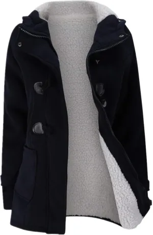 JiangWu Womens Fashion Horn Button Fleece Thicken Coat with Hood Winter Warm Jacket