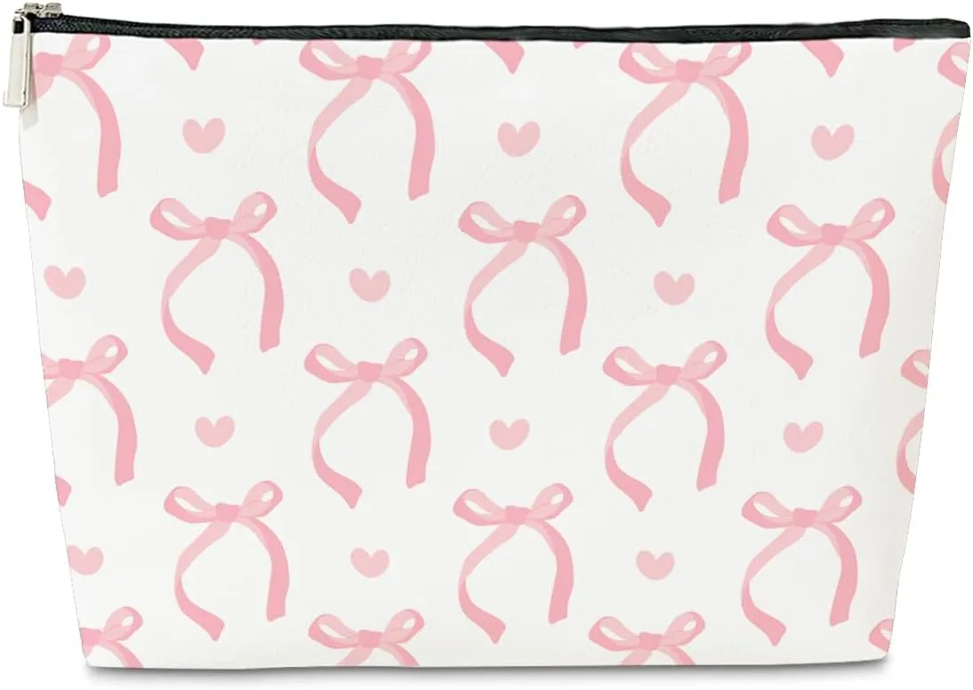 JioJio Chan Coquette Pink Bow Makeup Bag, Funky Pouch Gift for Teen Girls, Trendy Preppy PU Leather Cosmetic Bag, Cute Preppy Stuff Birthday Gift for Sister,Teen,Daughter,Bff,Friend