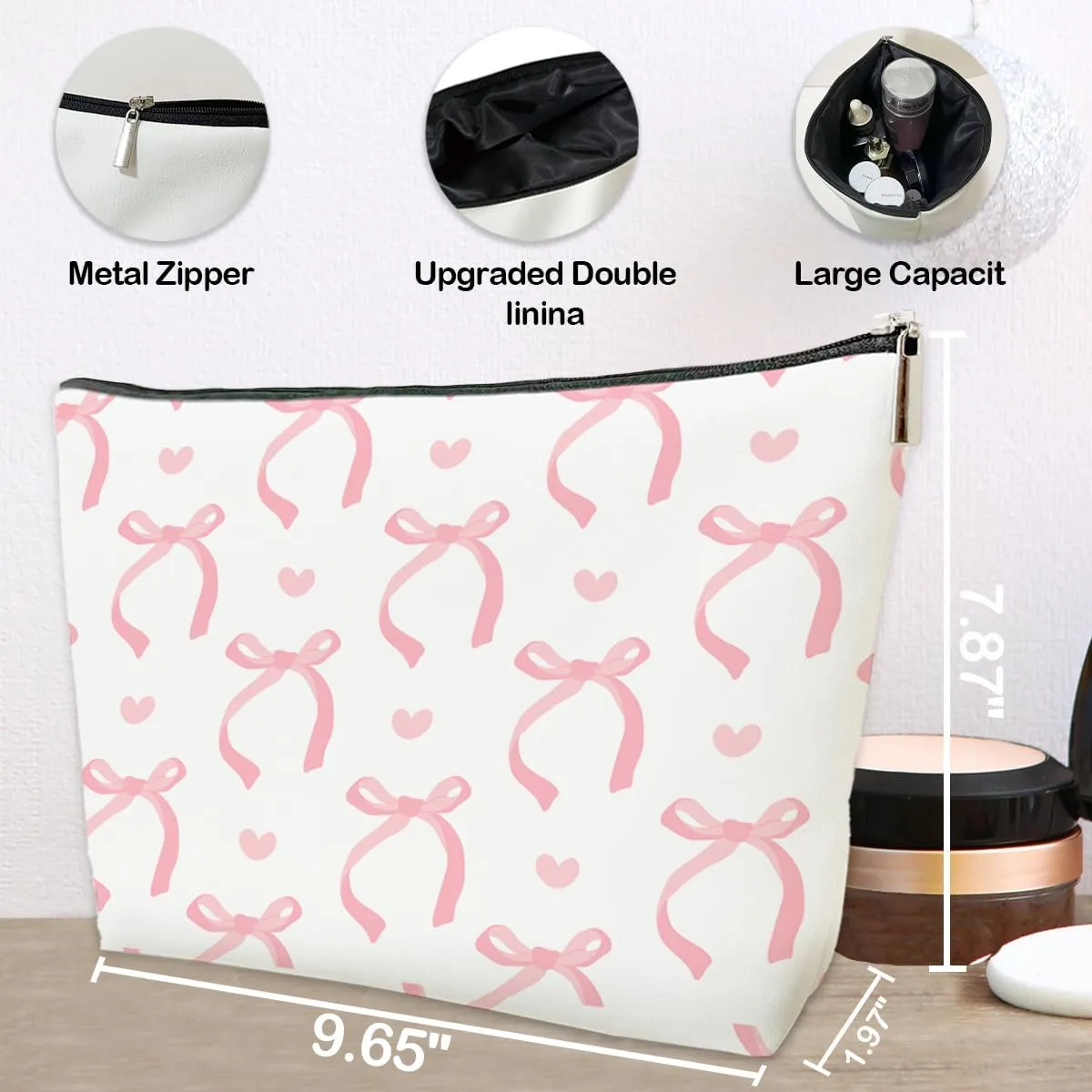 JioJio Chan Coquette Pink Bow Makeup Bag, Funky Pouch Gift for Teen Girls, Trendy Preppy PU Leather Cosmetic Bag, Cute Preppy Stuff Birthday Gift for Sister,Teen,Daughter,Bff,Friend