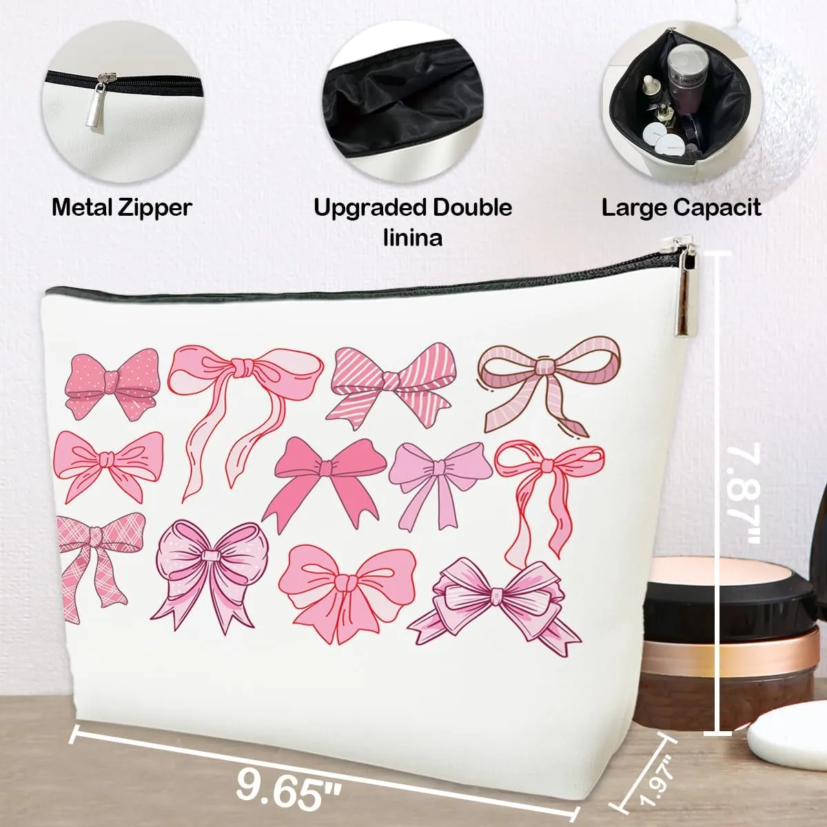 JioJio Chan Coquette Pink Bow Makeup Bag, Trendy Preppy PU Leather Cosmetic Bag, Coquette Gift, Cute Style, Birthday Gifts for Sister, Teen, Daughter, BFF, Friend