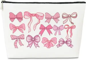 JioJio Chan Coquette Pink Bow Makeup Bag, Trendy Preppy PU Leather Cosmetic Bag, Coquette Gift, Cute Style, Birthday Gifts for Sister, Teen, Daughter, BFF, Friend