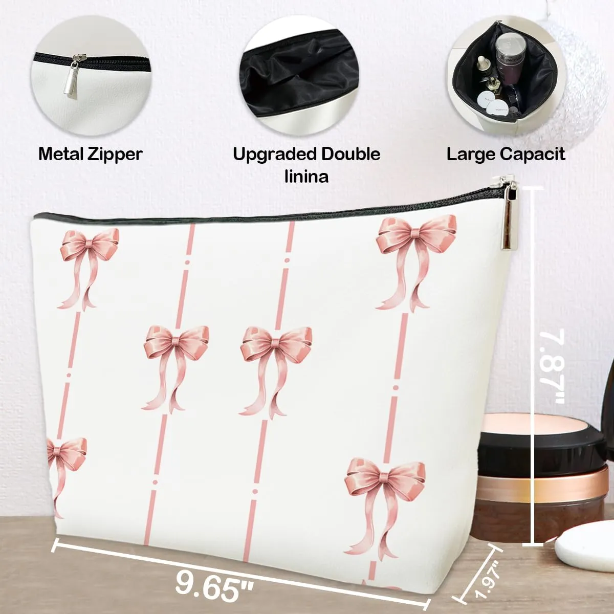 JioJio Chan Pink Coquette Bow Makeup Bag, Funky Pouch Gift for Teen Girls Women, Trendy Preppy PU Leather Cosmetic Bag, Cute Preppy Stuff, Birthday Gift for Sister, Teen, Daughter, Bff, Friend