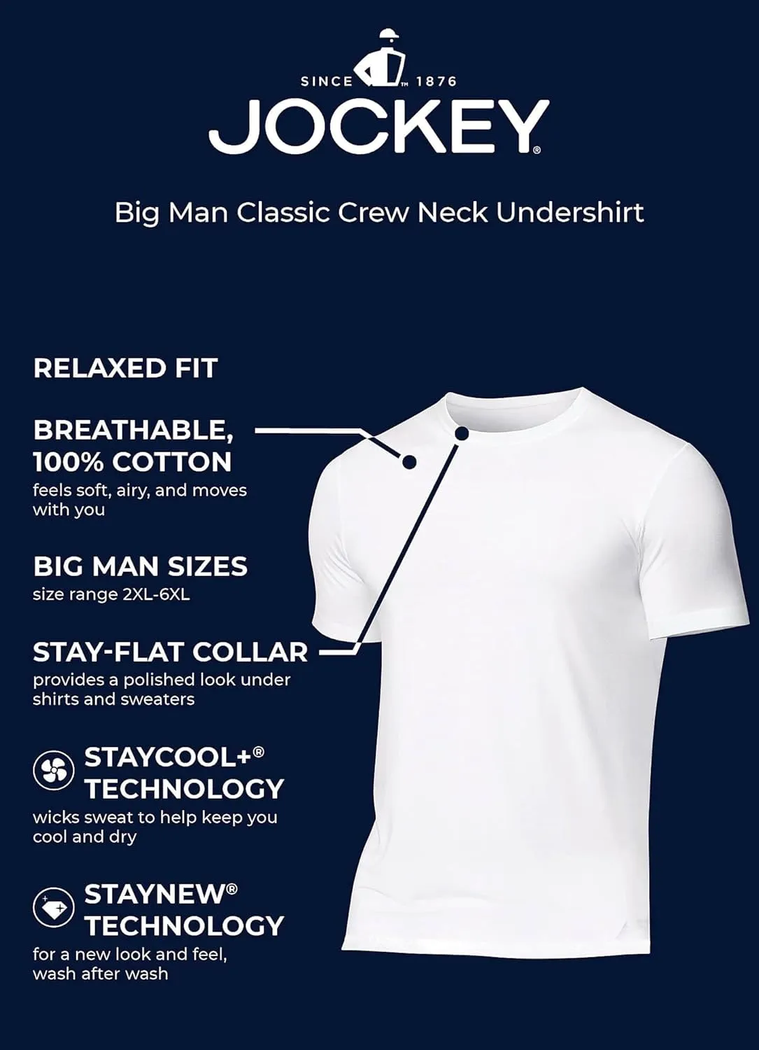 Jockey Men's Undershirt Big Man Classic Crew Neck Undershirt - 2 Pack