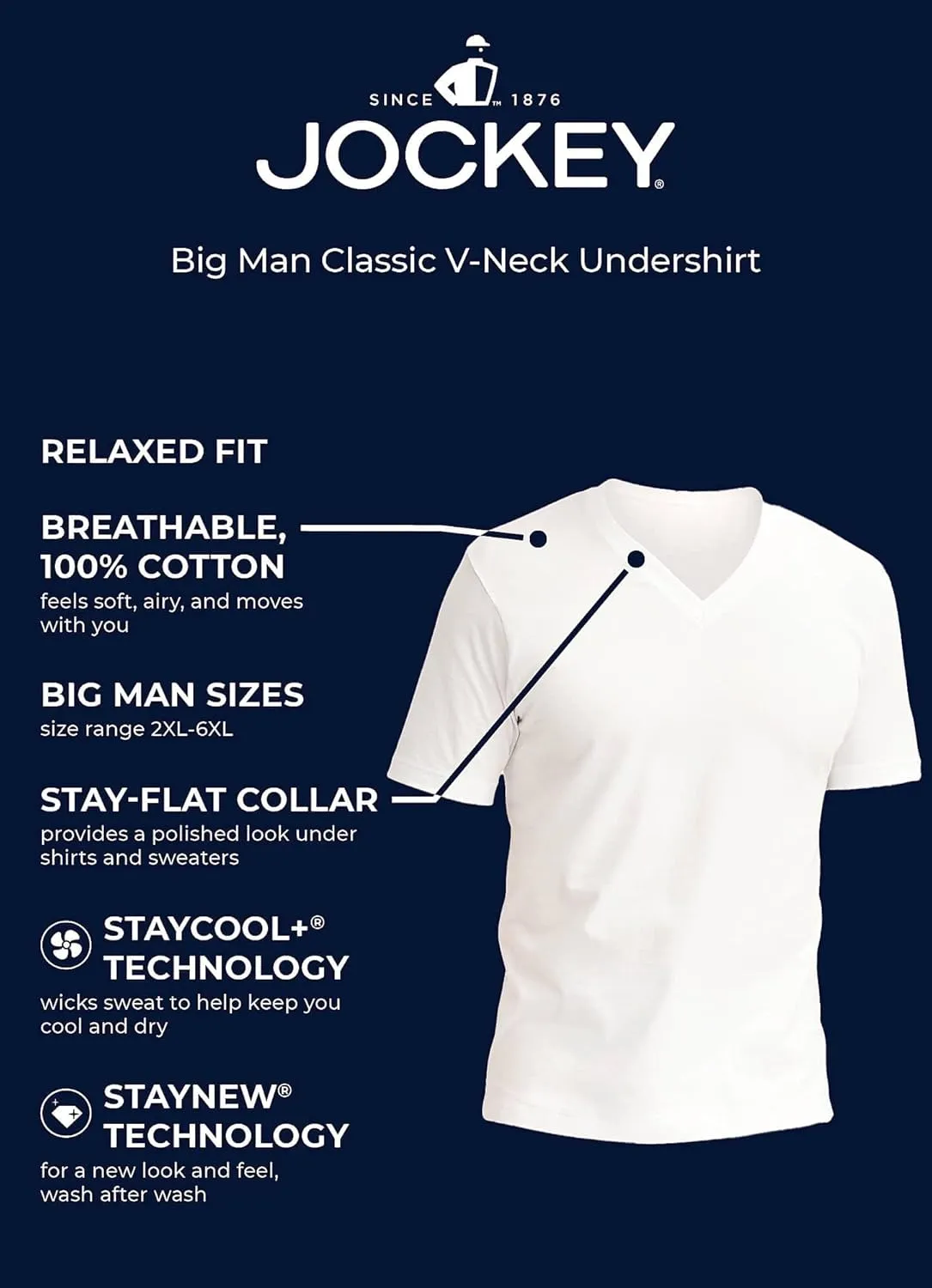Jockey Men's Undershirt Big Man Classic V-Neck Undershirt - 2 Pack