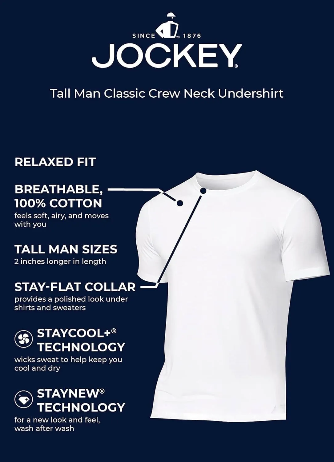 Jockey Men's Undershirt Tall Man Classic Crew Neck Undershirt - 2 Pack