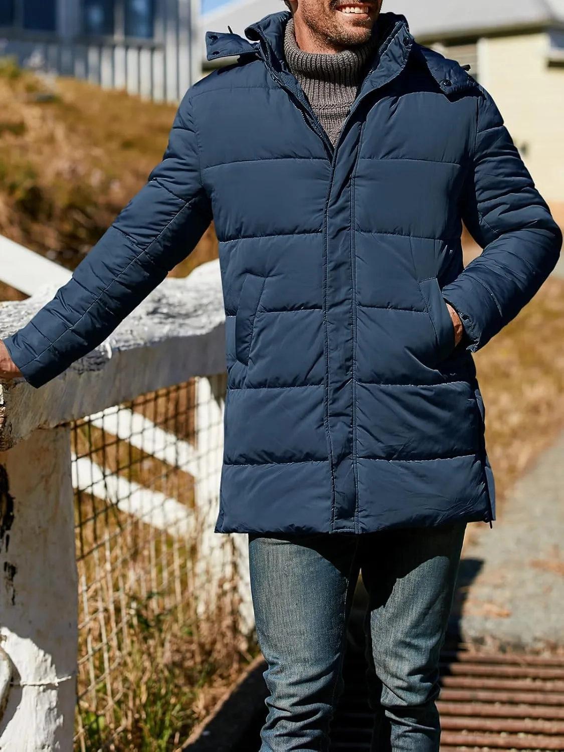 Karlywindow Mens Hooded Puffer Coat Parka Quilted Down Coat Long Warm Winter Thicken Padded Jacket