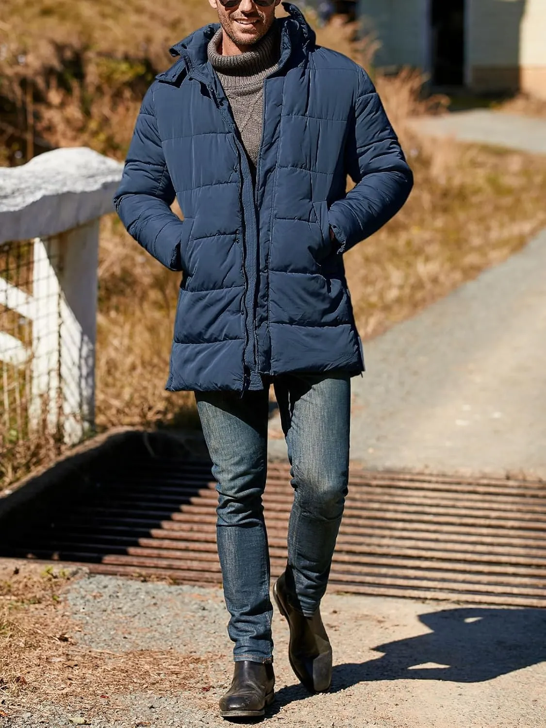 Karlywindow Mens Hooded Puffer Coat Parka Quilted Down Coat Long Warm Winter Thicken Padded Jacket