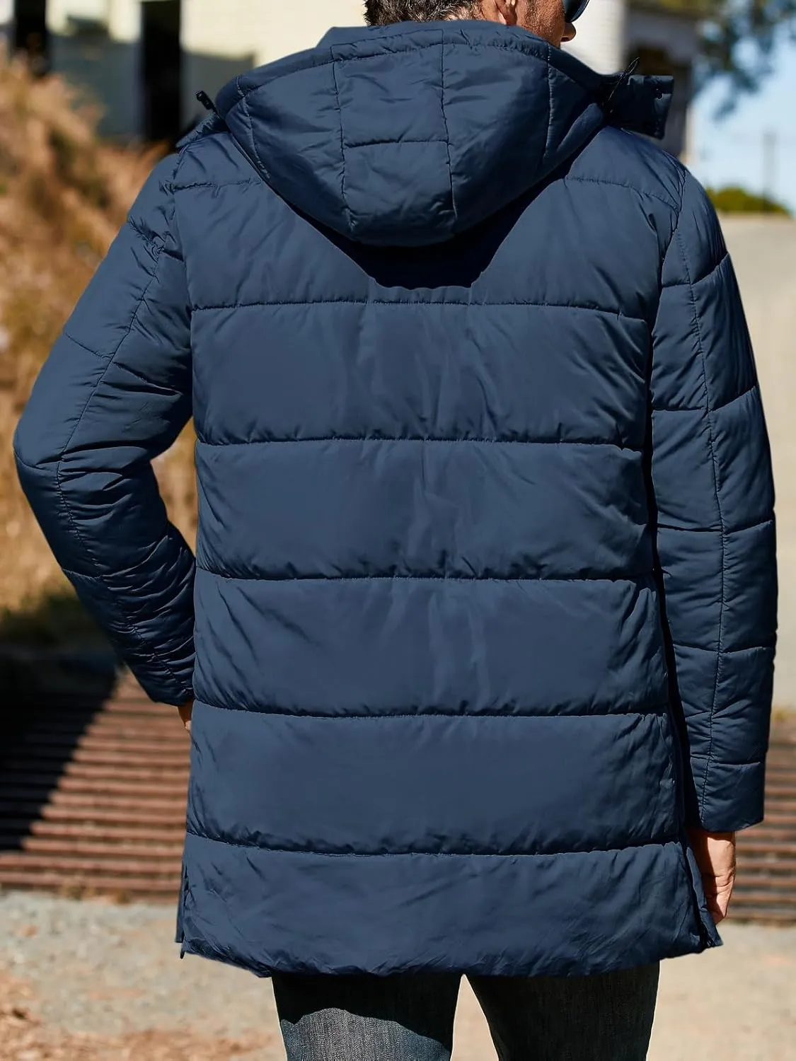 Karlywindow Mens Hooded Puffer Coat Parka Quilted Down Coat Long Warm Winter Thicken Padded Jacket