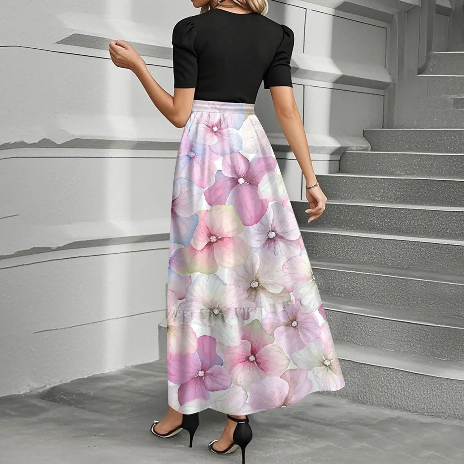 Kenvina Summer Dresses for Women Floral Print Flowy Short Sleeve Dress Patchwork Empire Waist Dress Tie Belted Maxi Dress