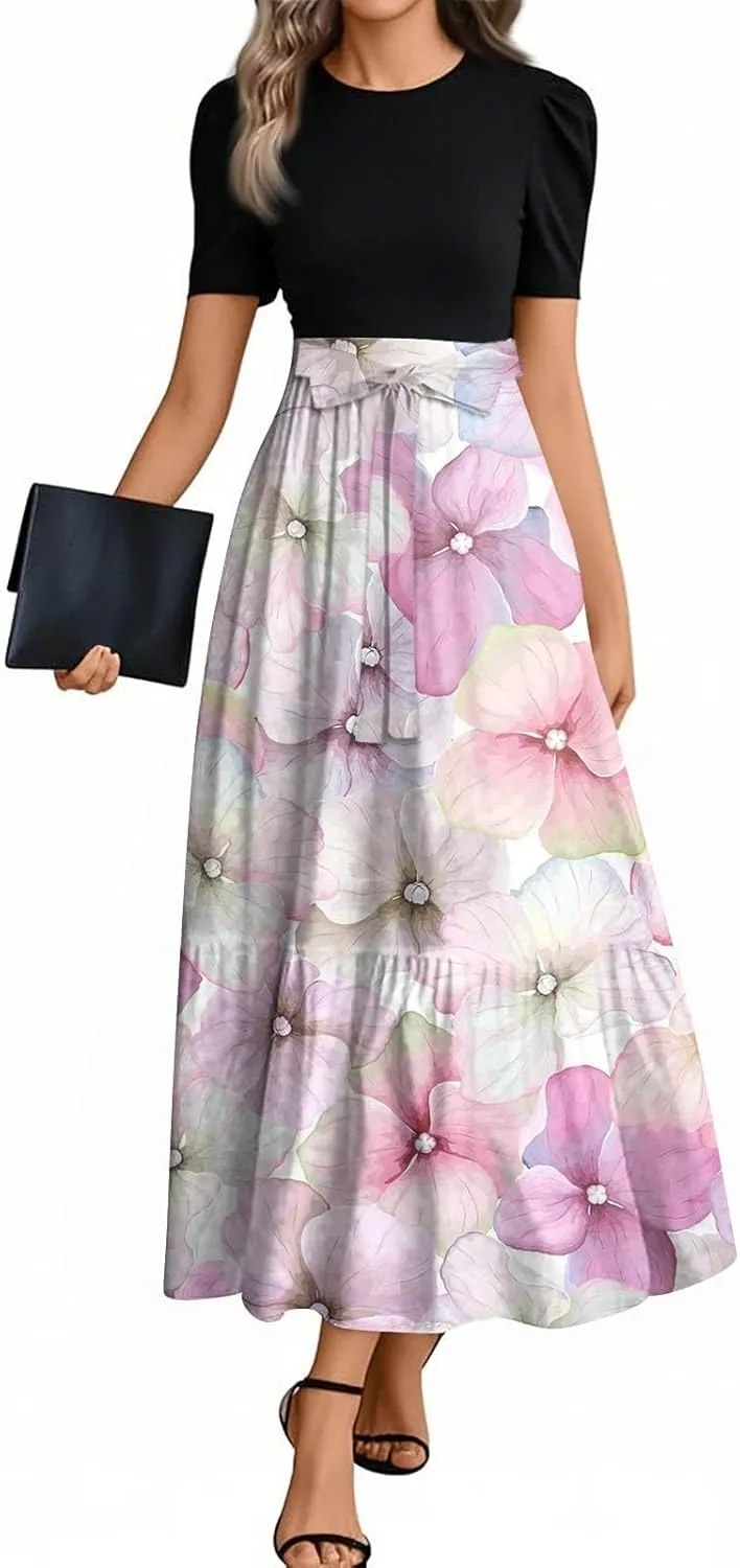 Kenvina Summer Dresses for Women Floral Print Flowy Short Sleeve Dress Patchwork Empire Waist Dress Tie Belted Maxi Dress