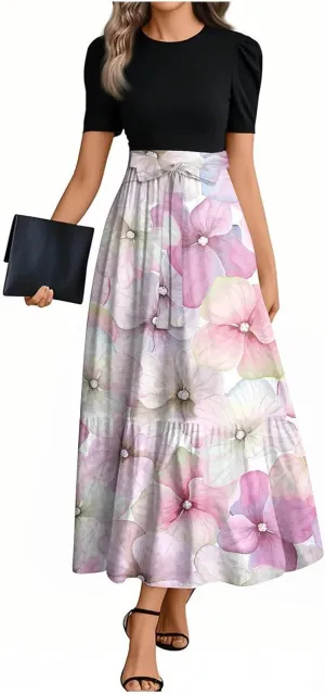 Kenvina Summer Dresses for Women Floral Print Flowy Short Sleeve Dress Patchwork Empire Waist Dress Tie Belted Maxi Dress