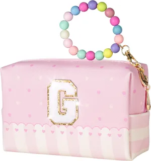 Kids Girls Makeup Bag, Personalized Initial Toiletry Bag w Zipper, Cute Makeup Pouch, PU Leather Waterproof Cosmetic Bag, Birthday Gift For Daughter, Preppy Things For Girls (Letter G)