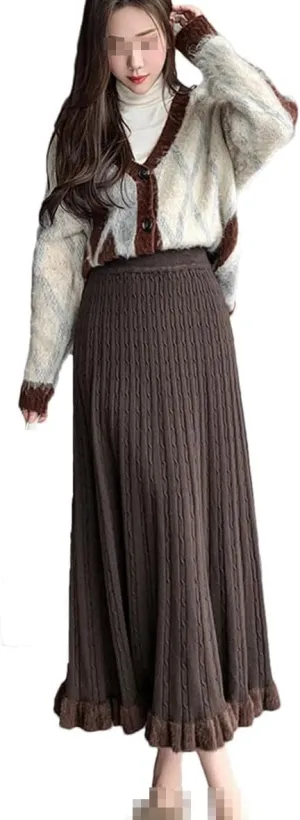 Knit Long Midi Pleated Skirt Women Winter Warm Fashion High Waist A Line Skirt