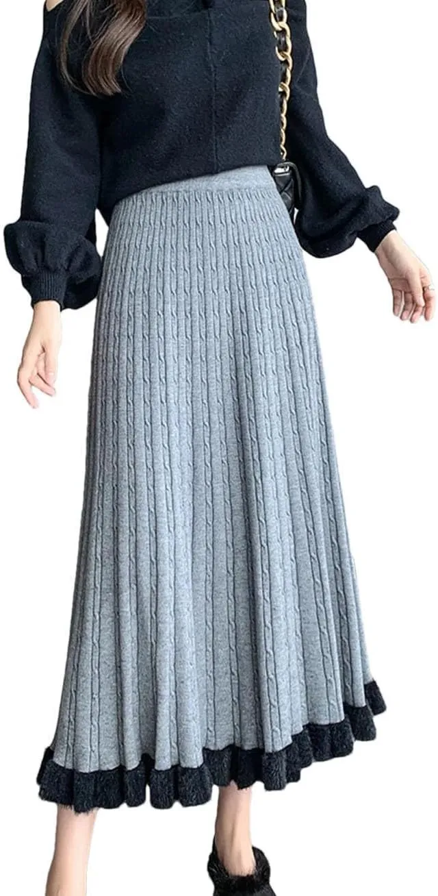 Knit Long Midi Pleated Skirt Women Winter Warm Fashion High Waist A Line Skirt