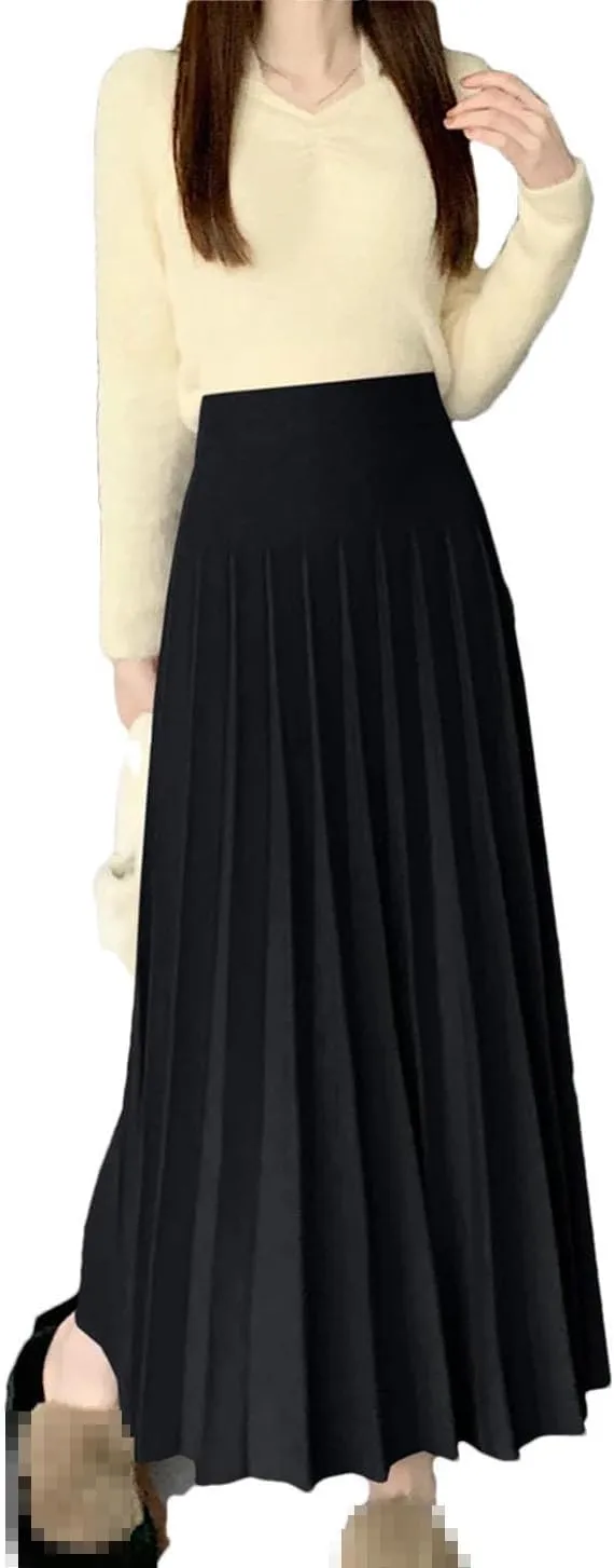Knitted Long Skirt for Women Autumn Winter Solid A Line High Waist Pleated Warm Midi Skirt