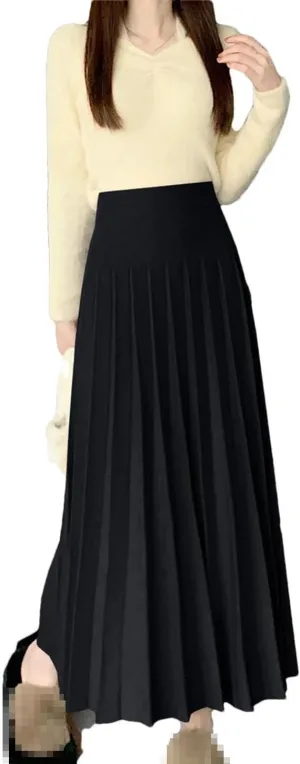 Knitted Long Skirt for Women Autumn Winter Solid A Line High Waist Pleated Warm Midi Skirt