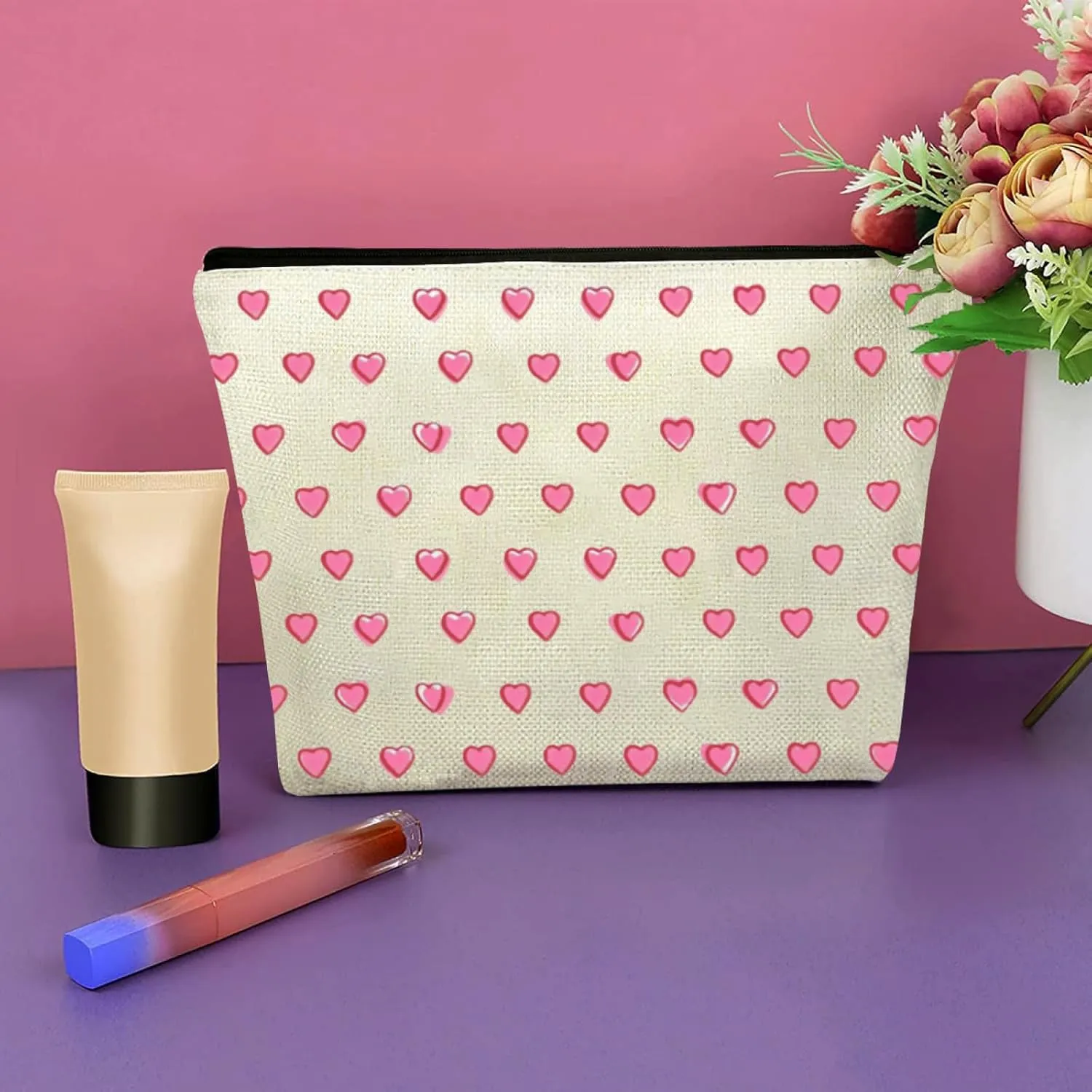 KNoRRS Chic Pink Preppy Makeup Bag - Elegant Zipper Pouch for Travel & Toiletries, Ideal Gift for Teen Girls & Hearts Lovers