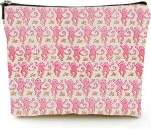 KNoRRS Chic Pink Preppy Makeup Bag - Elegant Zipper Pouch for Travel & Toiletries, Ideal Gift for Teen Girls & Roller Monkey Rabbit Lovers