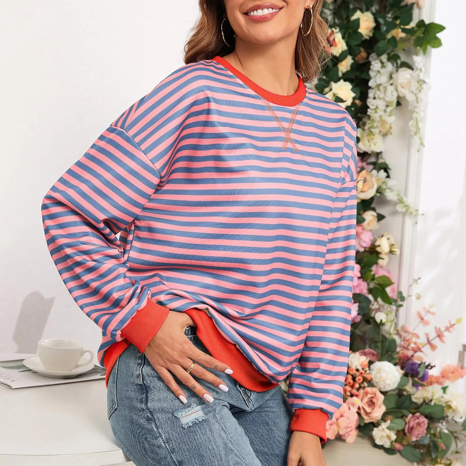 Komorebi Women Oversized Striped Sweatshirts Crew Neck Long Sleeve Shirt Loose 2024 Fall Pullover Preppy Trendy Tops